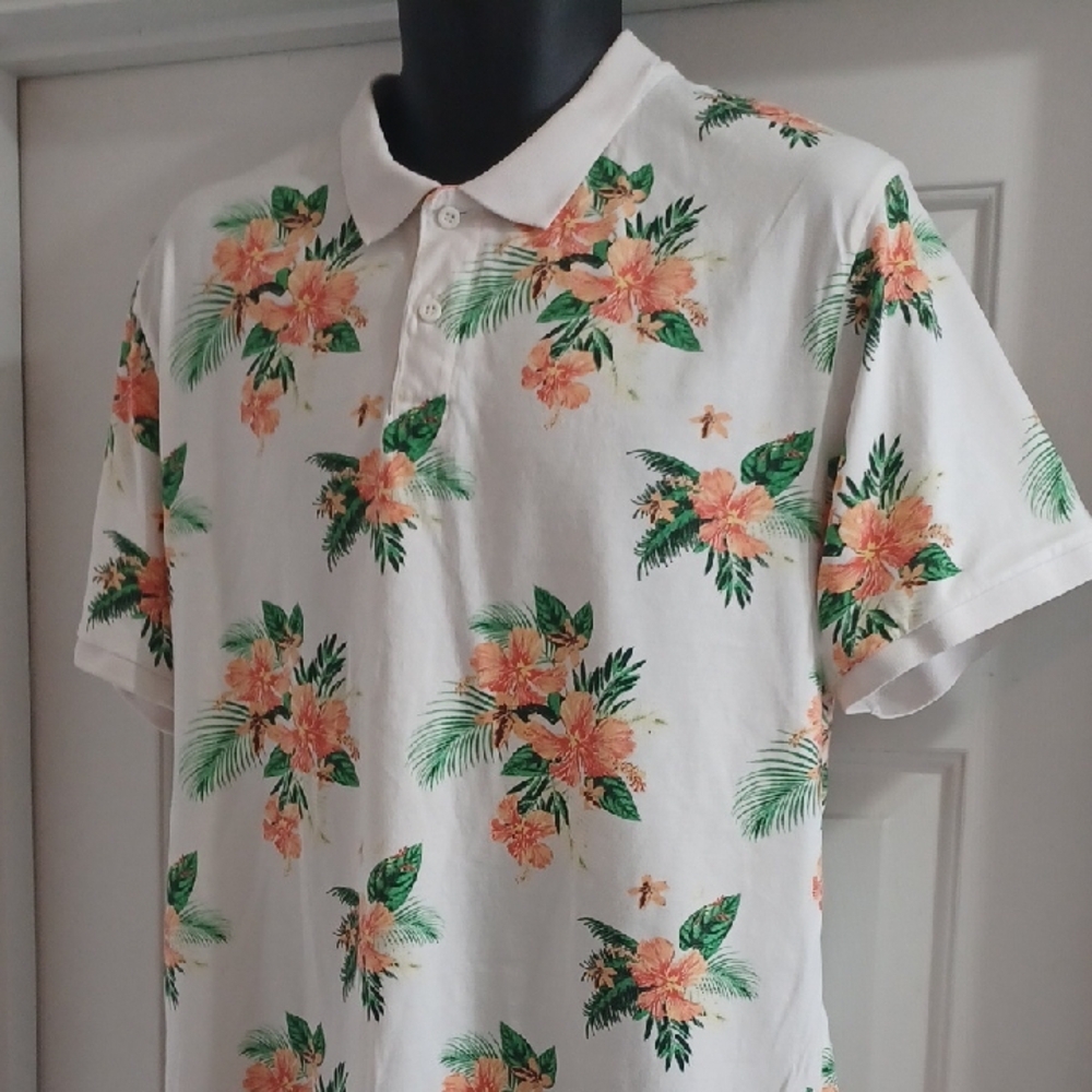 Threadbare Floral Print Polo Shirt - White, Green and Orange - Picture 2 of 8